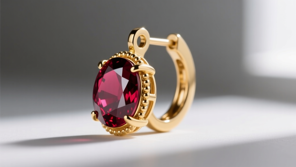 Side profile of an 18-gauge 15k gold leverback conversion, securing a heavy pyrope garnet cabochon for modern earlobe wear.