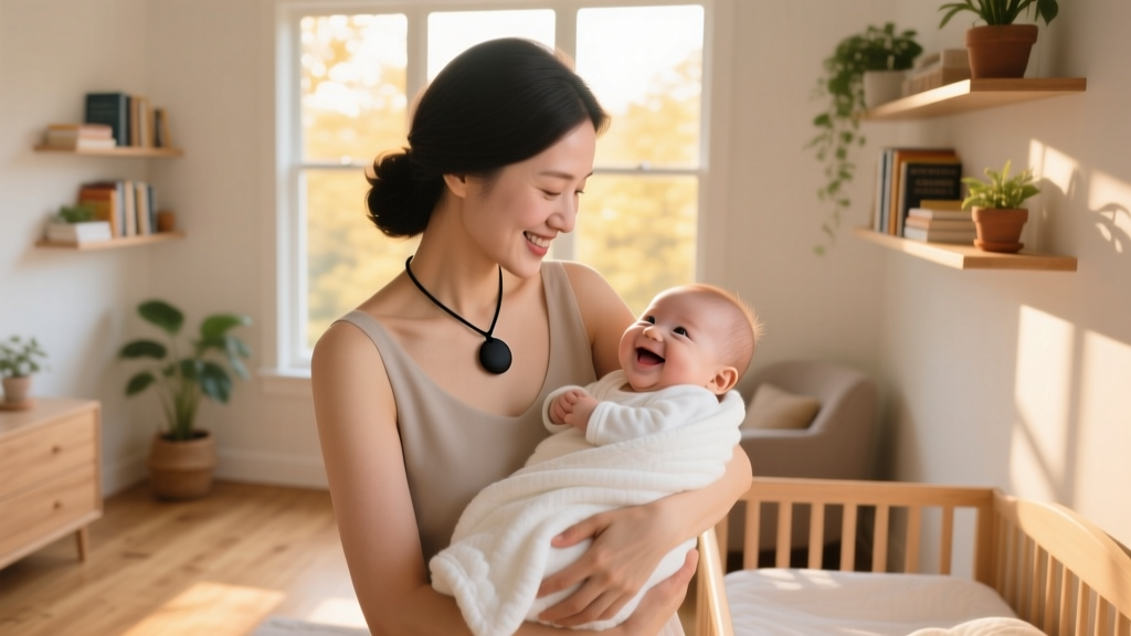 Elegant mother wearing a minimalist matte black silicone pendant necklace while holding a smiling baby in a sunlit modern nursery