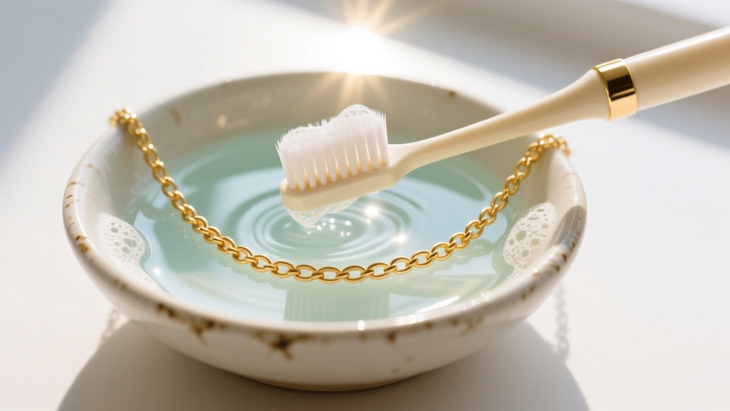 Soft toothbrush gently scrubbing the links of a gold chain necklace in a small ceramic bowl filled with mild, warm soapy water.