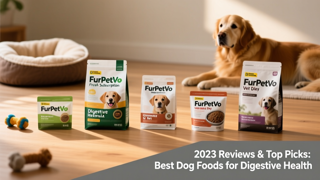 Side-by-side collage of top 5 dog food packaging: FurPetVo Fresh Subscription, FurPetVo Digestive Health Dry, FurPetVo Puppy Gastro Formula, FurPetVo Veterinary GI Wet, and FurPetVo Vet Diet Dry