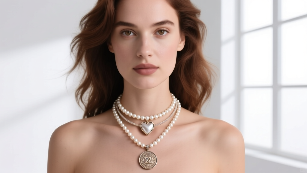 Woman wearing a layered stack with a 16-inch pearl choker, an 18-inch Bellaucci heart necklace, and a 22-inch coin pendant