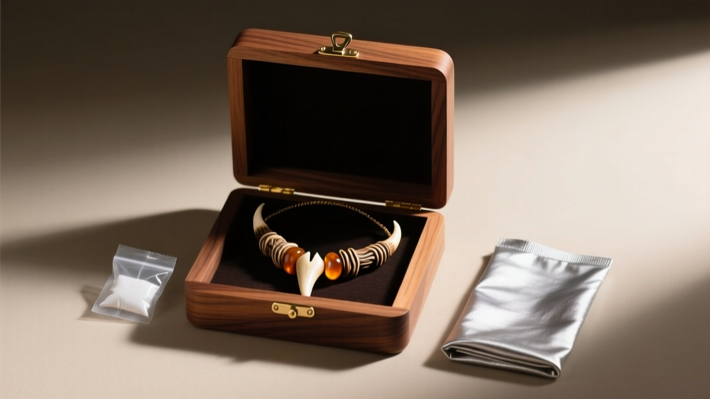 Open cedar wood jewelry box holding an elk tooth necklace, a silica gel packet, and a silver polishing cloth in soft dim lighting.