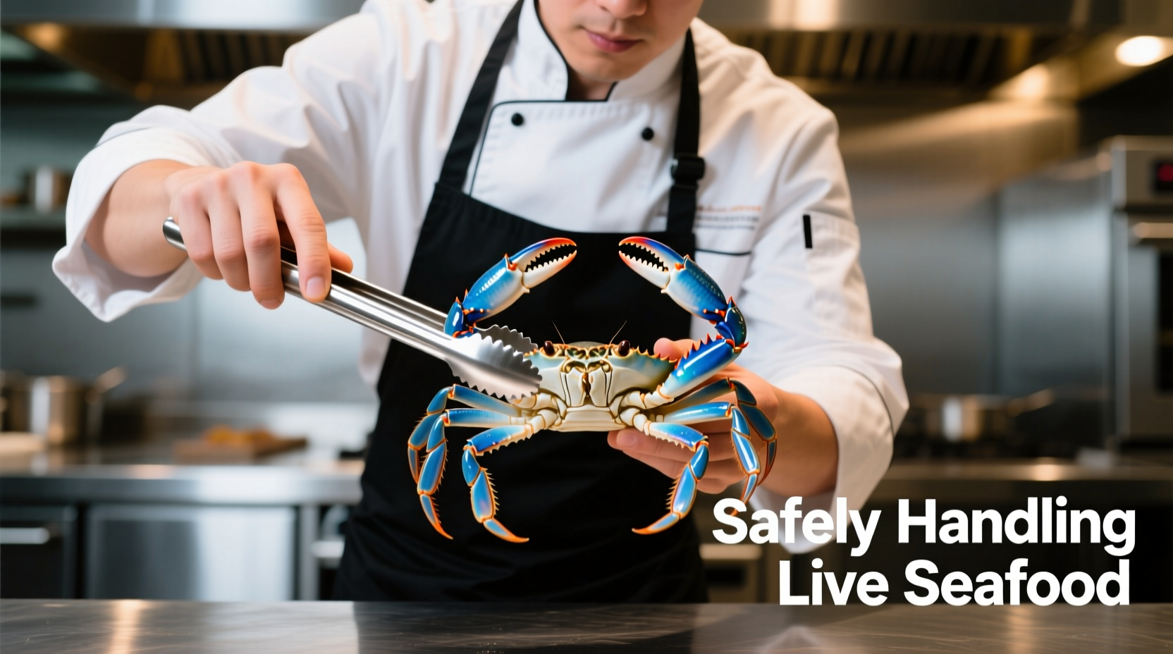 Chef safely handling live crab with tongs