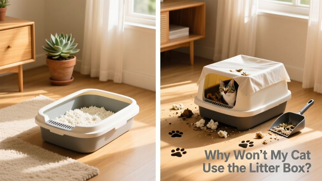 Side-by-side comparison: one clean, open litter box with fresh litter; another cluttered, covered box with visible waste
