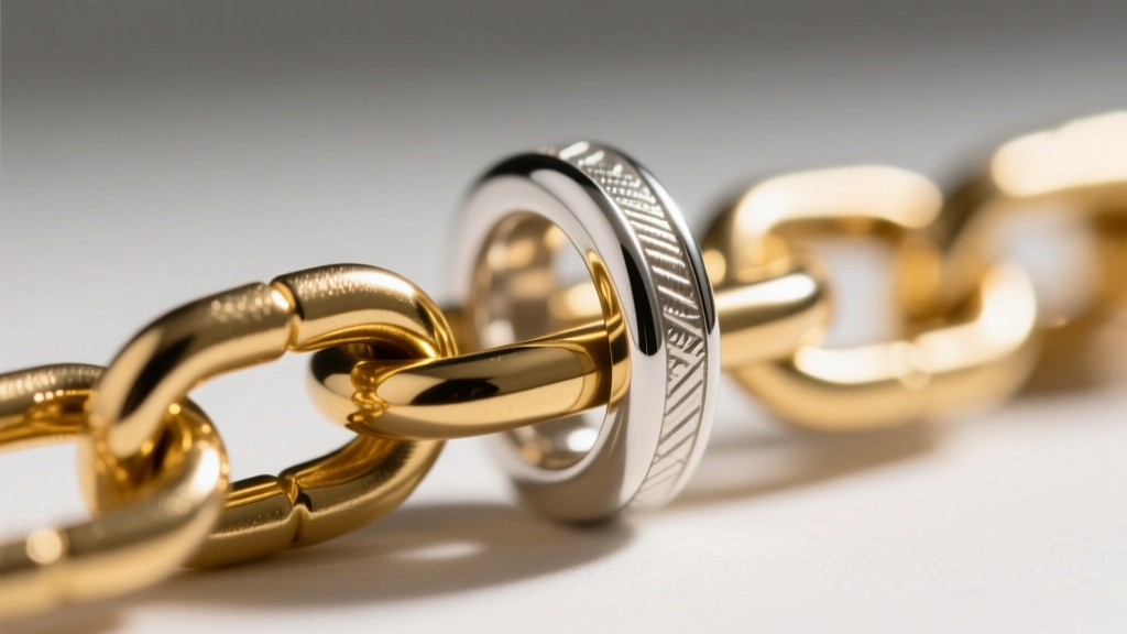 Macro shot of a gold-filled chain link interlocking with a sterling silver pendant bail, highlighting contrasting metal textures.