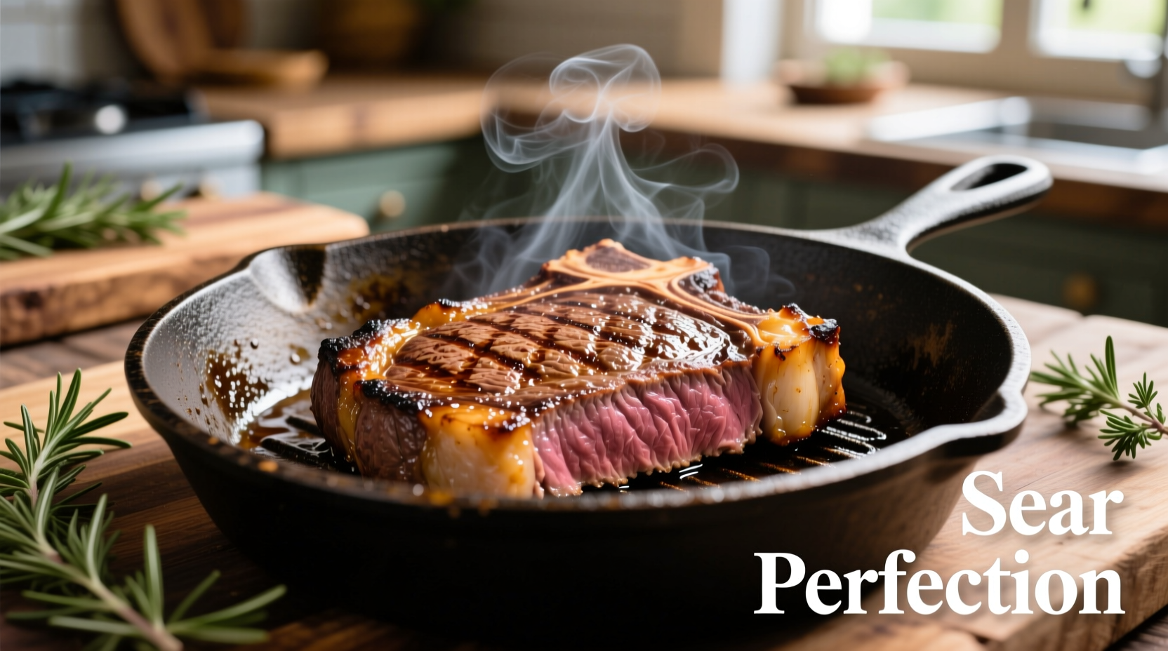 Perfectly seared top sirloin steak on cast iron skillet