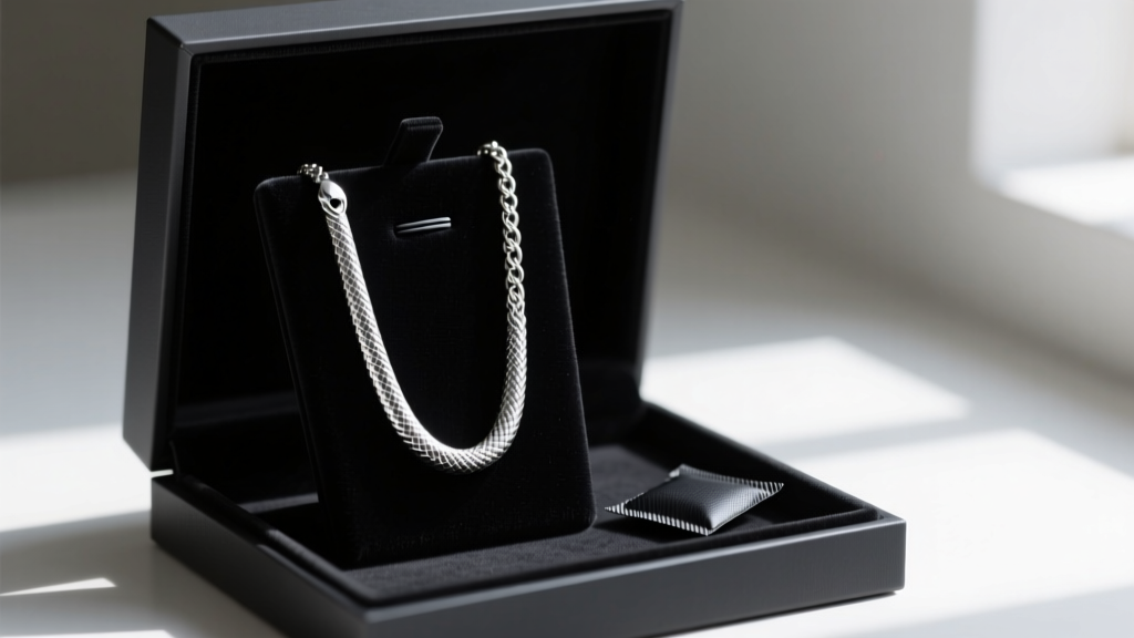 Silver snake chain hanging straight from a velvet jewelry stand, stored in a dark box next to a small black anti-tarnish strip.