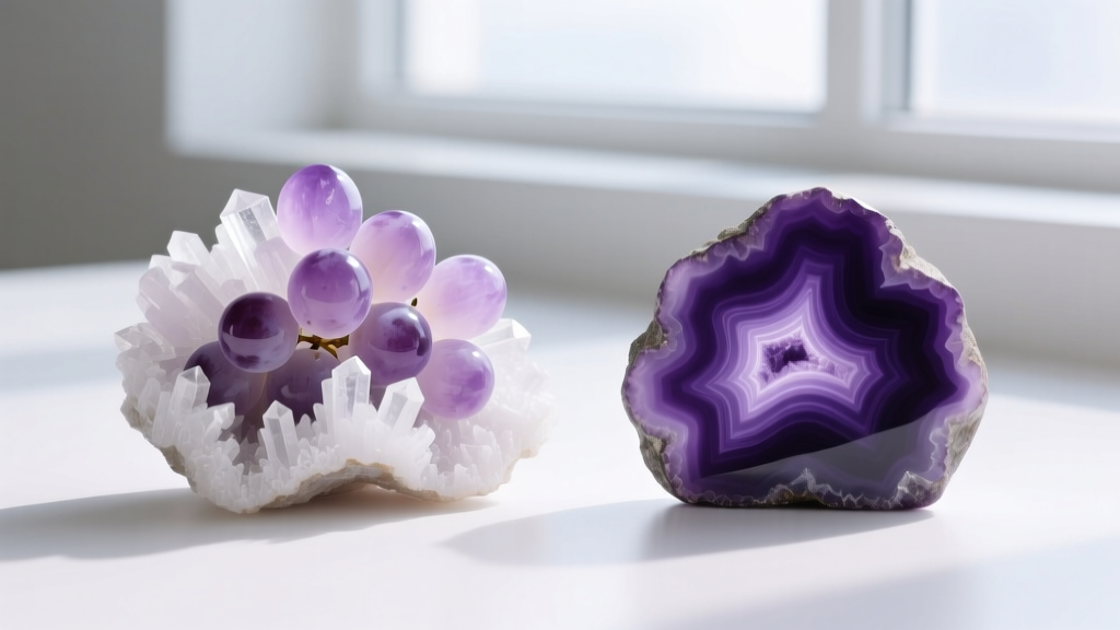 Comparison of pale lavender grape agate with heavy white matrix next to a deep purple specimen with minimal host rock inclusions