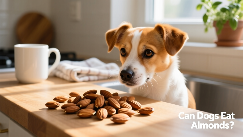 A small dog looking curiously at a handful of whole almonds on a kitchen counter