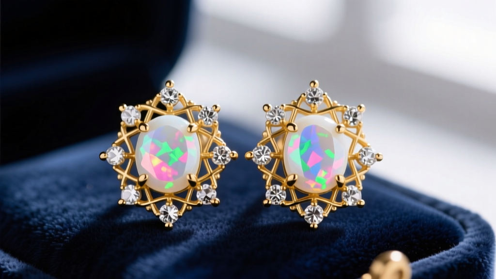 Close-up of 14k gold opal cluster earrings with a central milky white Australian opal and diamond accents on velvet.