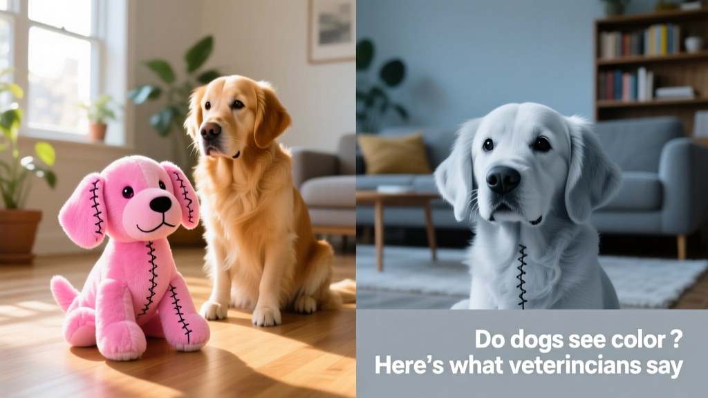 Split image: left shows a vibrant pink puppy toy; right shows the same toy appearing dull and grayish-blue to a dog