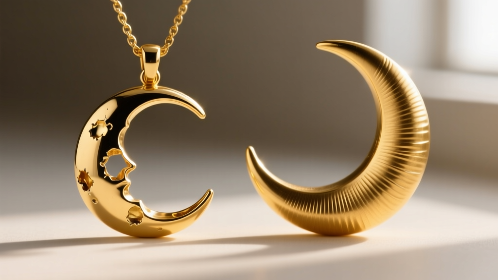 Macro shot comparing a dented hollow gold moon pendant to a thick solid gold crescent, emphasizing metal density and edge wear.