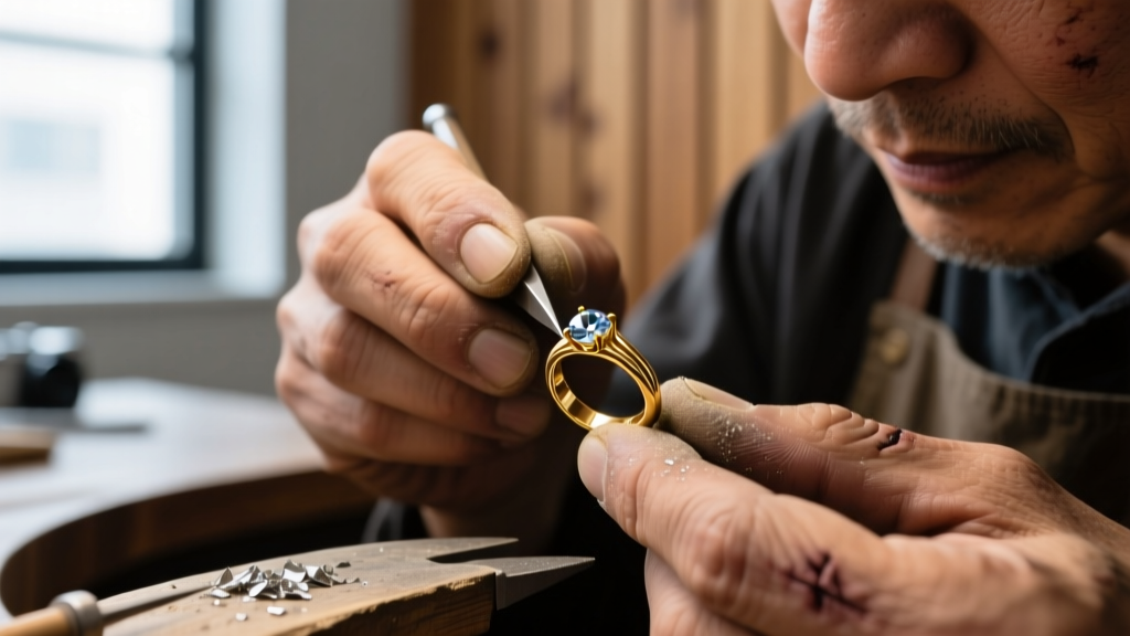 Macro photography of a jeweler's pliers attaching a new 1.2mm sterling silver rope chain to a small lobster clasp on a workbench.