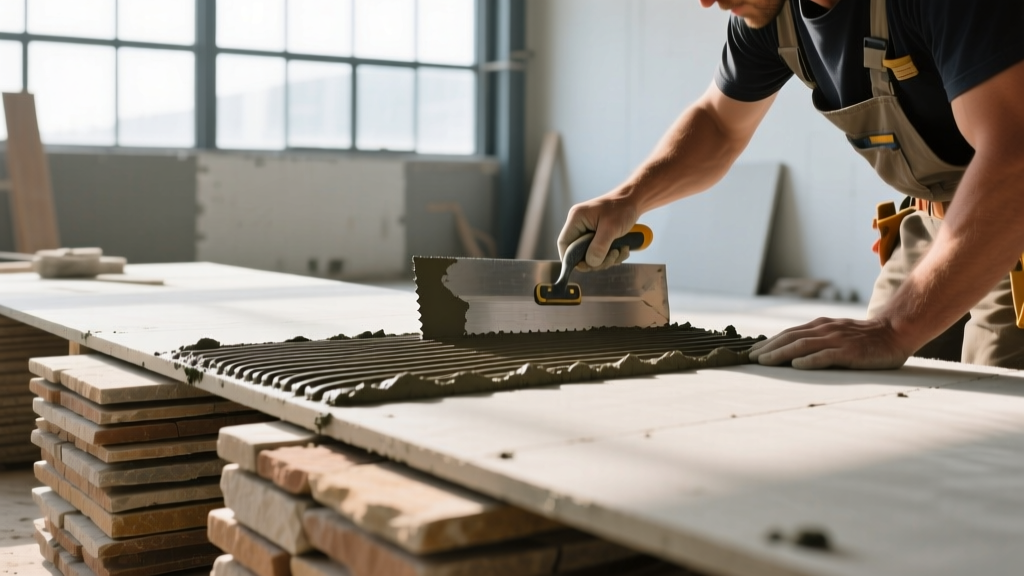 Mason applying polymer-modified thin-set mortar with a notched trowel onto cement board before setting stacked stone veneer panels
