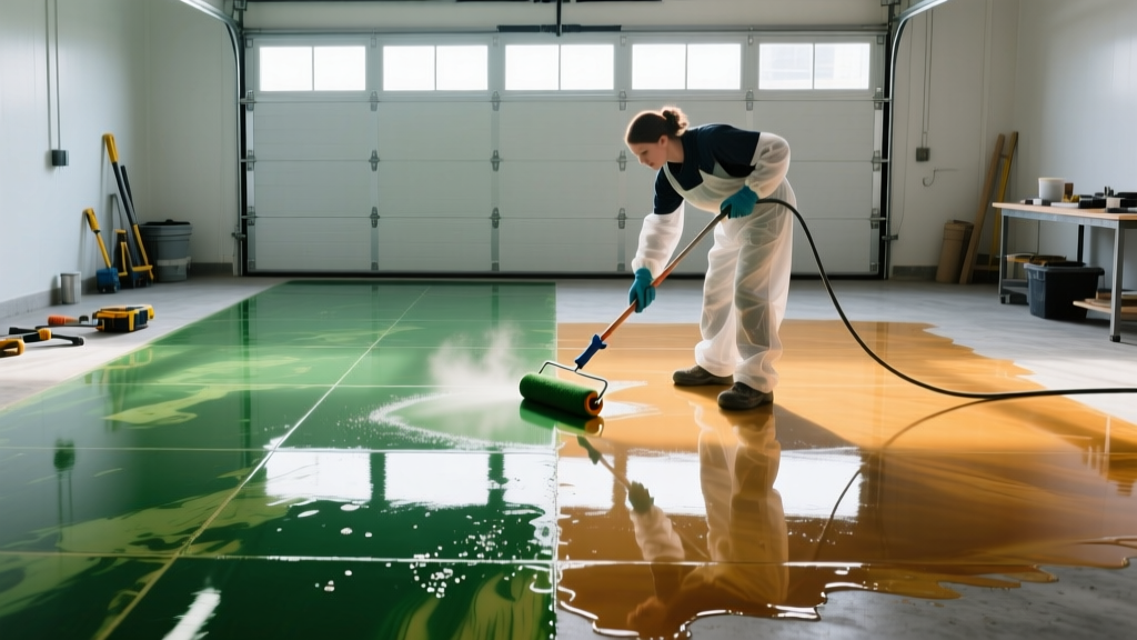 Worker applying translucent acid stain to half a garage floor while rolling opaque epoxy paint on the other half in bright light.