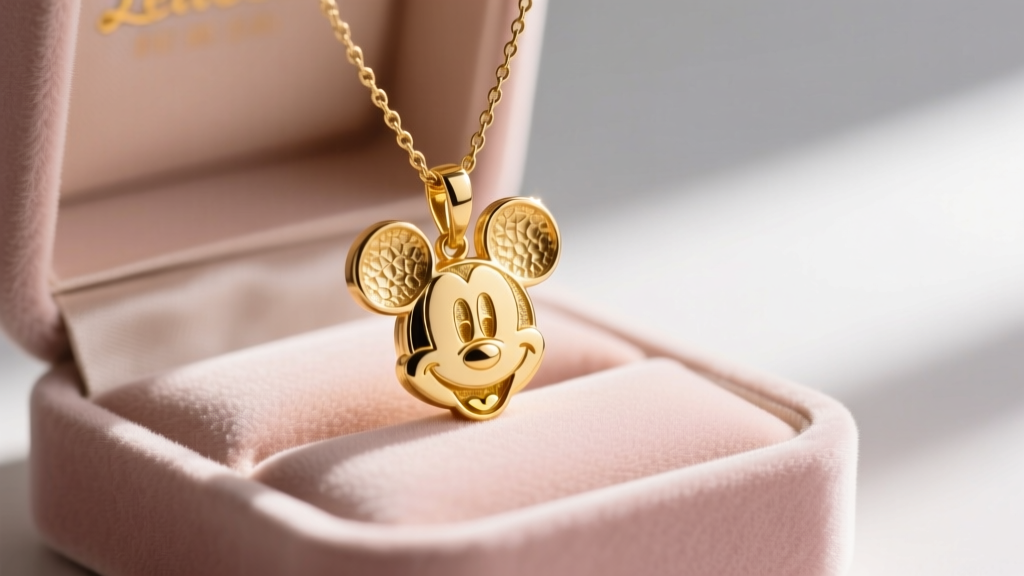 Close-up of a 14k solid gold Mickey Mouse silhouette pendant on a delicate cable chain resting on a soft blush velvet jewelry box.