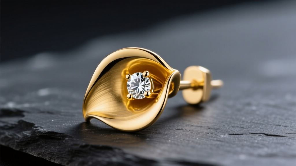 Macro shot of an 18k yellow gold Calla lily earring with a bezel-set diamond, resting on dark slate under soft studio lighting