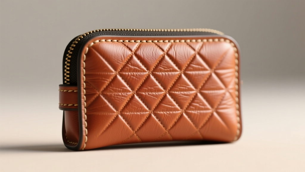 Macro shot of vegan PU leather on a travel jewelry case, highlighting the subtle crosshatch texture and reinforced edge stitching.