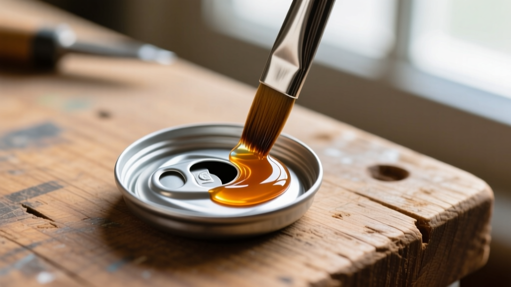 Close-up of a brush applying clear sealant to an aluminum soda tab, showing the protective coating process on a wooden workbench.
