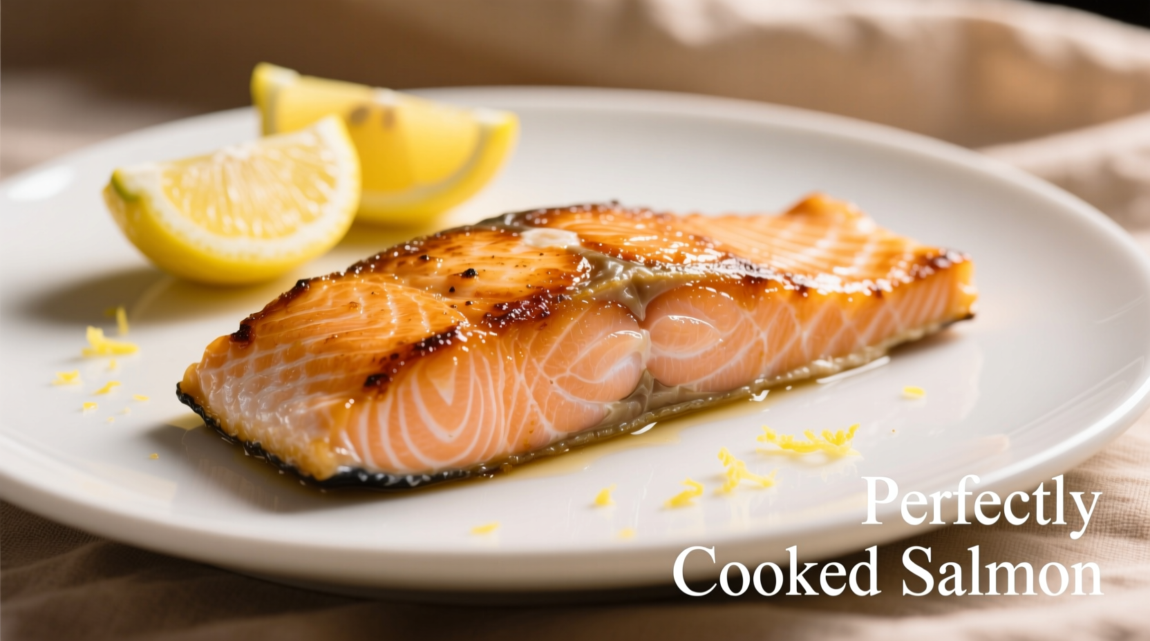 Perfectly cooked salmon on a plate with lemon wedges