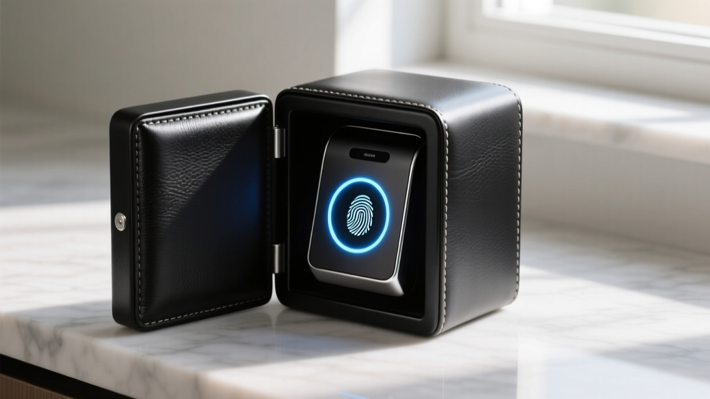 Sleek matte black biometric fingerprint scanner on a modern leather jewelry safe, glowing with a subtle blue LED ring indicator
