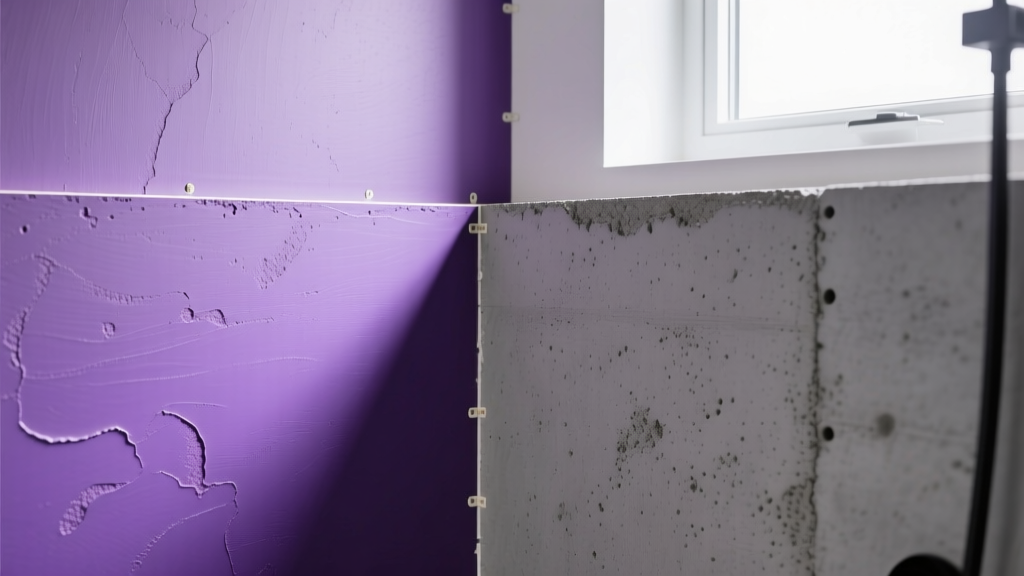 Close-up of purple moisture resistant gypsum board installed next to gray cement backer board in a modern bathroom shower renovation