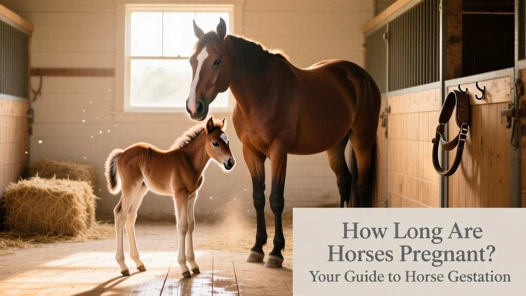 Newborn foal standing beside its mare in a quiet, clean stall, both appearing calm and healthy moments after birth