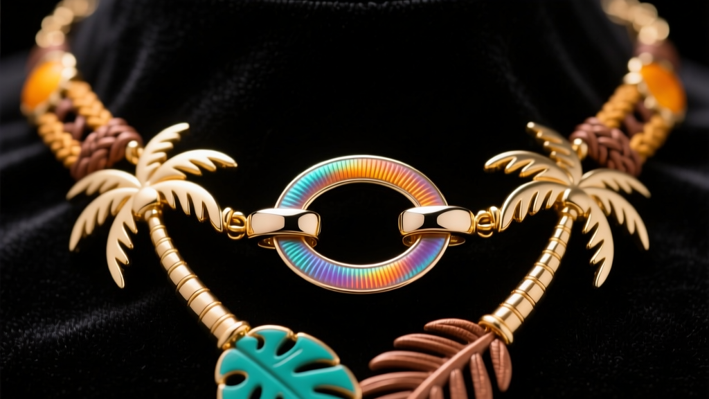Technical view of a Parylene-coated neodymium magnetic clasp on a high-end tropical necklace, bright studio lighting.