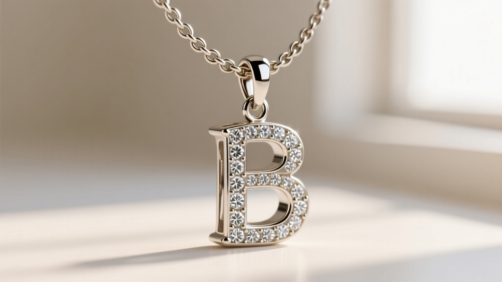 Close view of a 1.2mm rolo chain on a diamond letter b necklace pendant, highlighting a secure soldered jump ring bail.