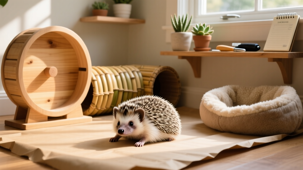 A well-furnished hedgehog enclosure with a solid exercise wheel, tunnel, nesting pouch, and paper bedding