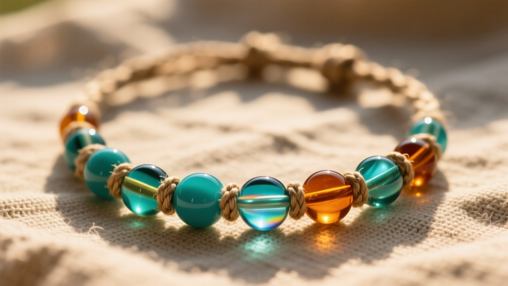 Close-up of a recycled glass bead necklace with teal and amber Krobo beads on waxed hemp, resting on raw linen in warm sunlight.