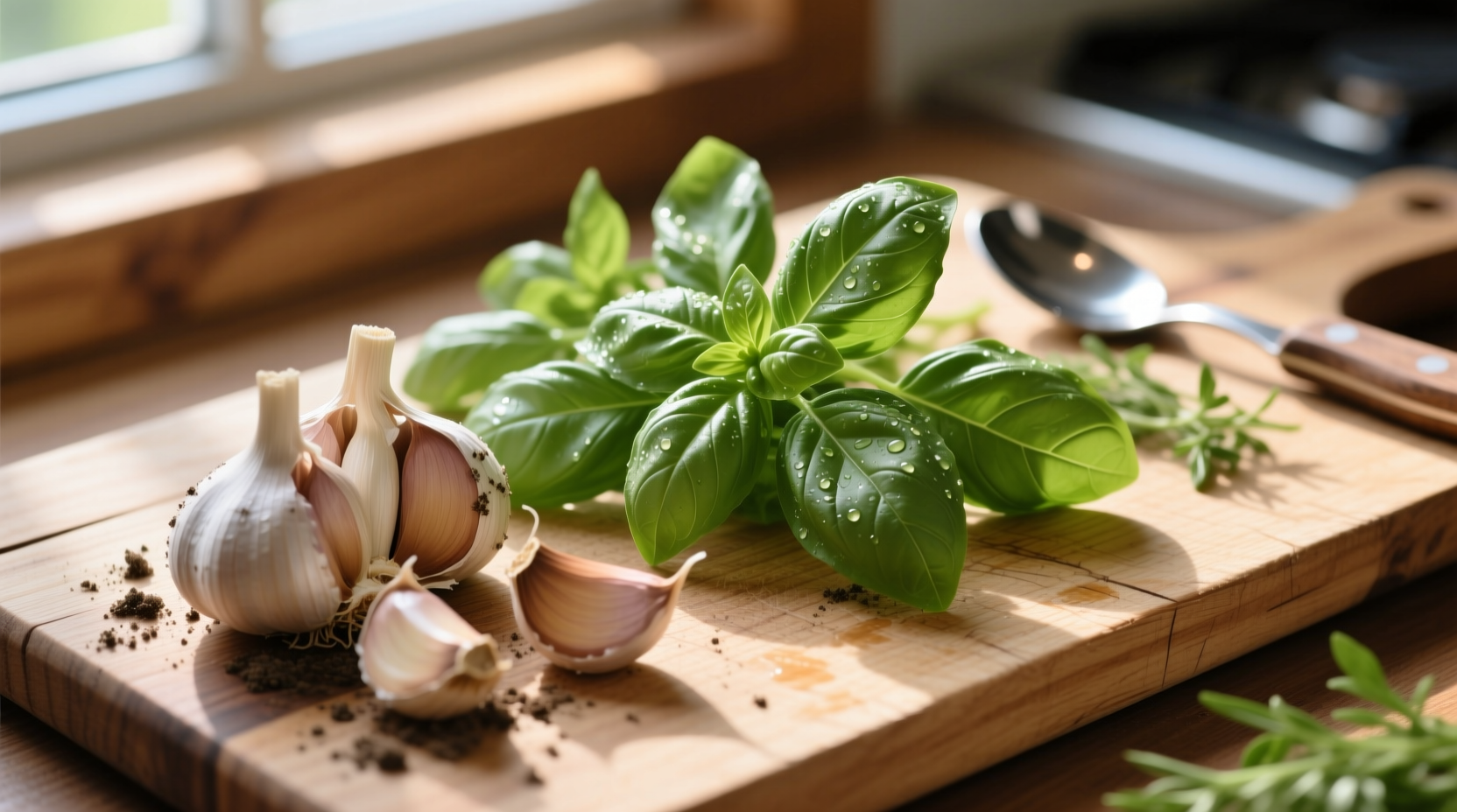 Fresh basil leaves and garlic cloves on wooden cutting board