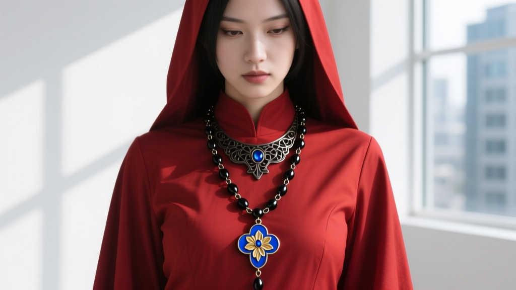 Cosplayer wearing a 24-inch dark metal rosary necklace over a red tunic, with an enameled pendant resting on the upper chest area