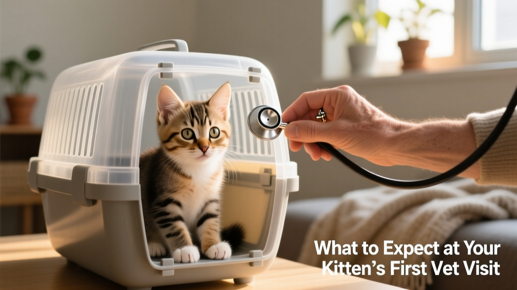 A calm, curious kitten sitting in a carrier beside a gentle hand holding a stethoscope