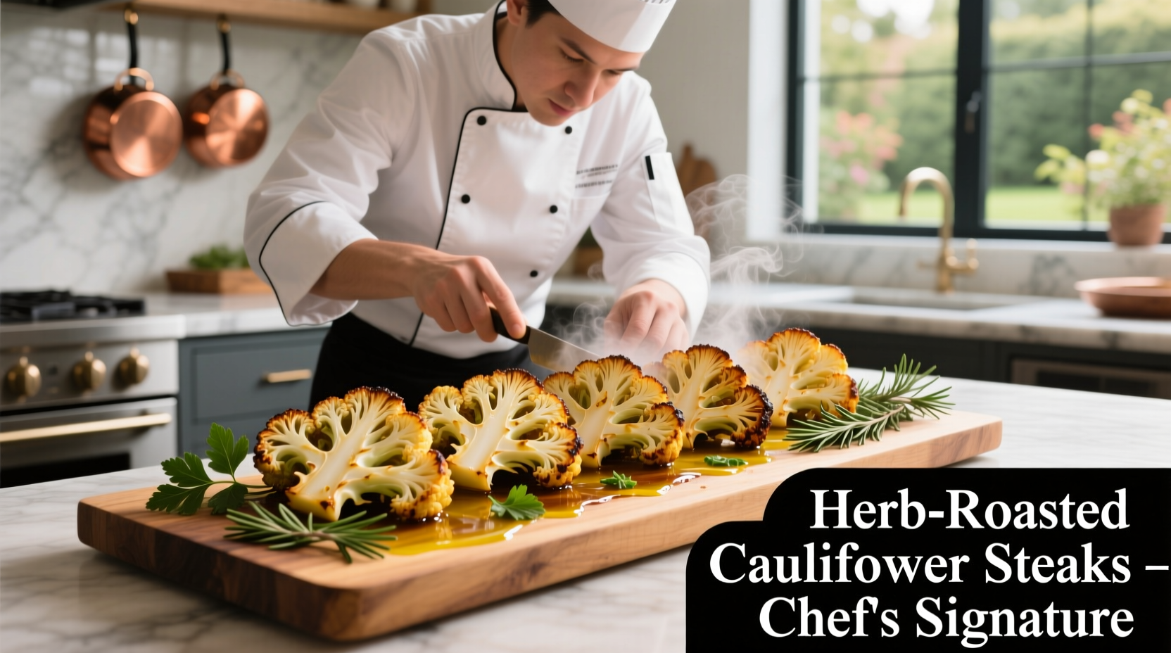 Chef preparing roasted cauliflower steaks with herbs