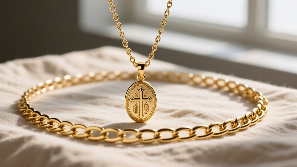 Sturdy 18-inch 14k gold rolo chain with soldered links holding an oval St Benedict pendant, photographed on neutral linen fabric.