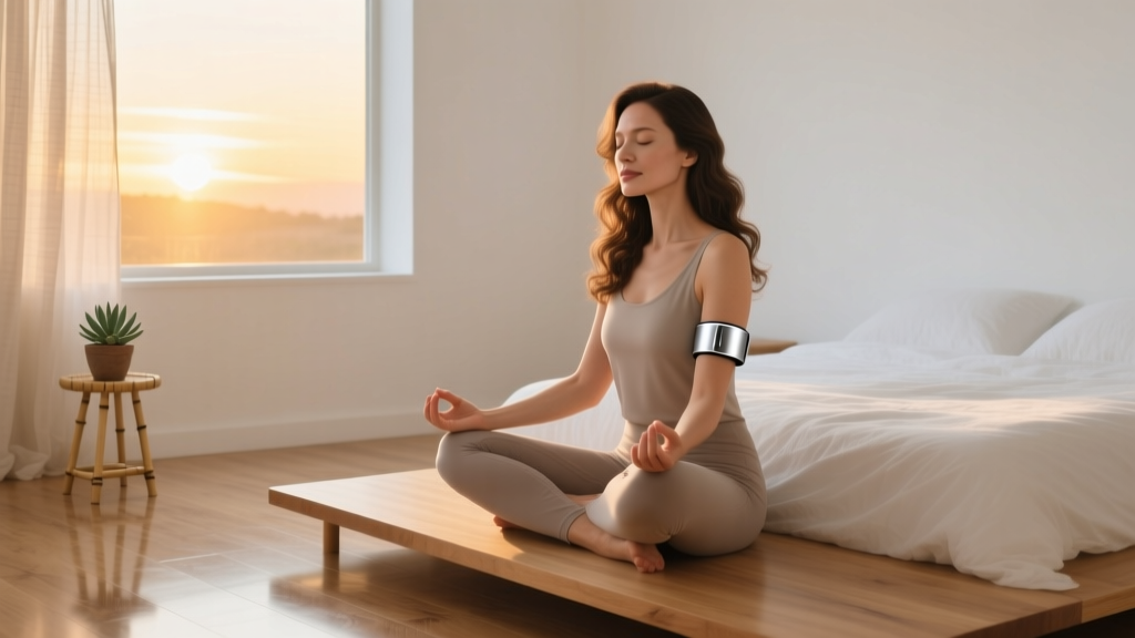Woman wearing a sleek wrist wellness gadget practicing morning mindfulness in a sunlit, minimalist bedroom setting.