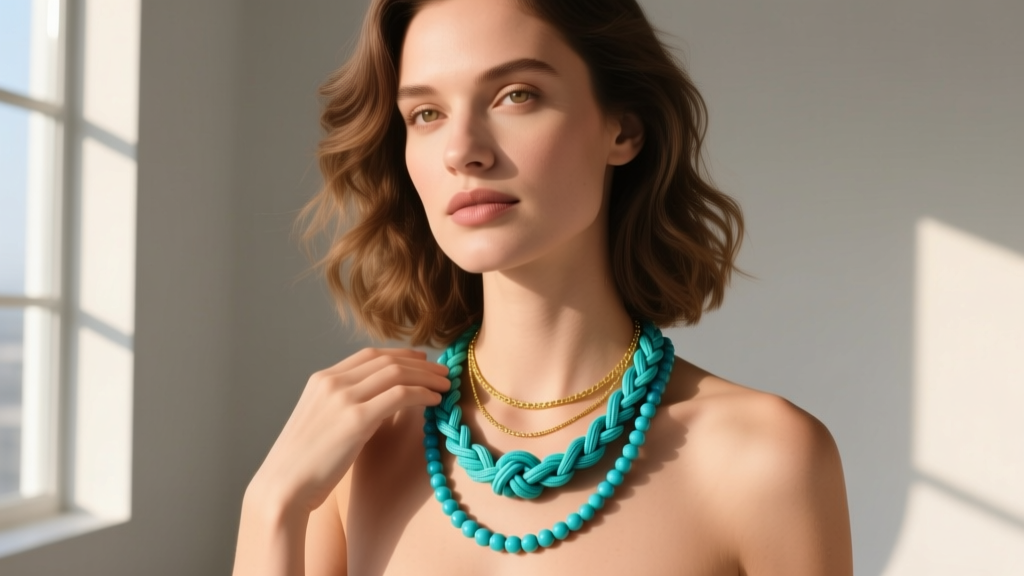 A woman wearing a layered necklace stack featuring a 20-inch knotted turquoise beaded necklace over a delicate gold chain.