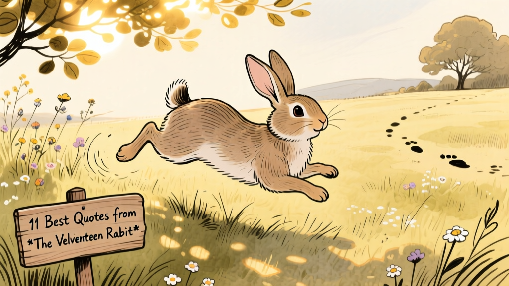 A hand-drawn style illustration of the Velveteen Rabbit hopping freely through a sun-dappled meadow, tail lifted, ears alert