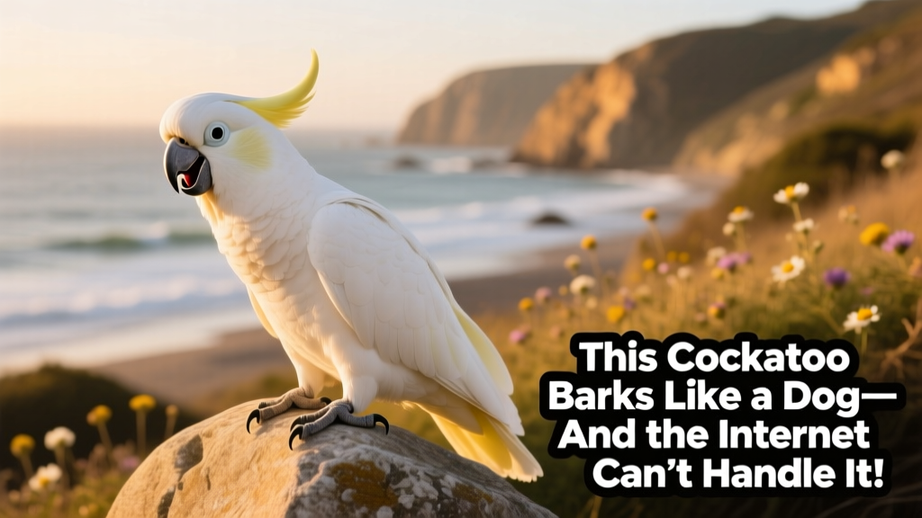 A white cockatoo perched confidently on a smooth outdoor rock, head tilted slightly as if listening intently