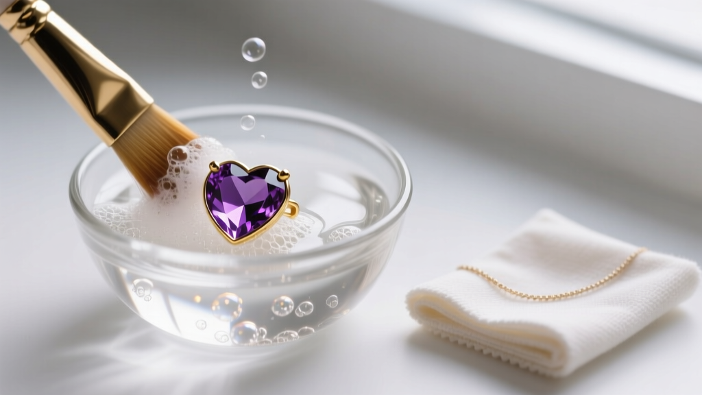 Soft brush cleaning a gold amethyst heart earring in a glass bowl of soapy water, beside a folded microfiber jewelry polishing cloth.