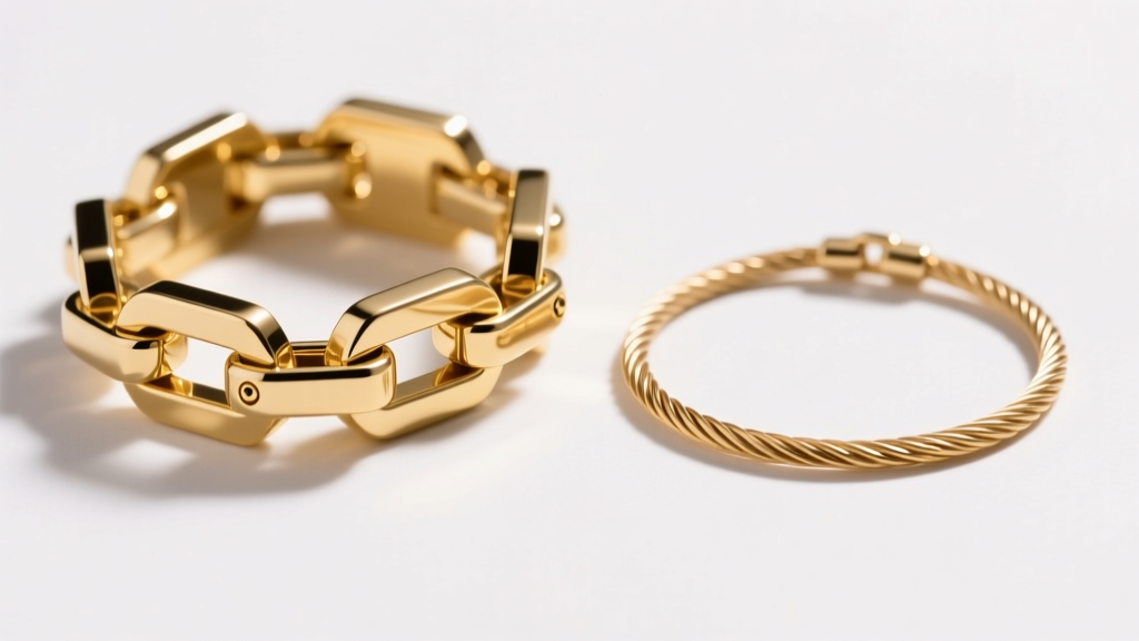 Macro view of a gold box chain beside a fragile cable chain, showing link thickness and solder joints under bright studio lighting.