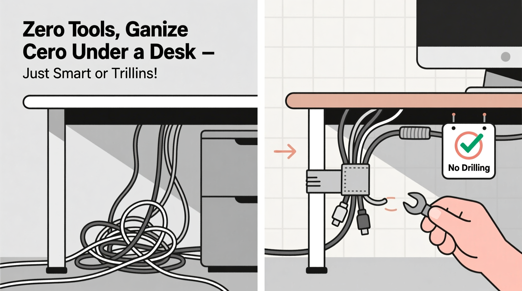 how to organize cords under a desk with zero tools or drilling