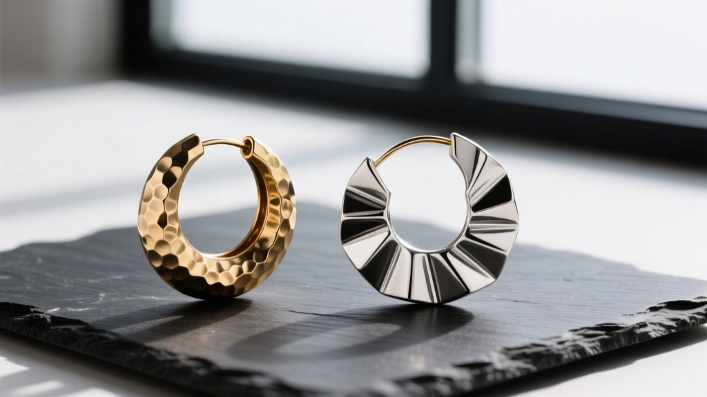 Flat lay of mixed-metal textured hoop earrings designs on dark slate, featuring hammered brass and fluted silver geometric shapes