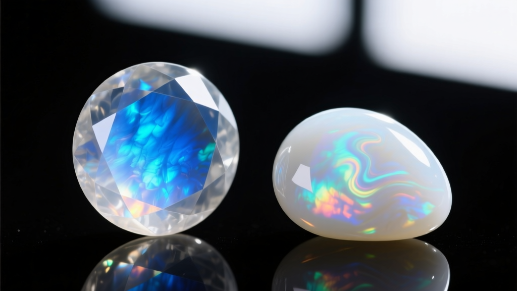 Macro photography comparing a highly transparent rainbow moonstone with strong blue adularescence next to a milky white opal.