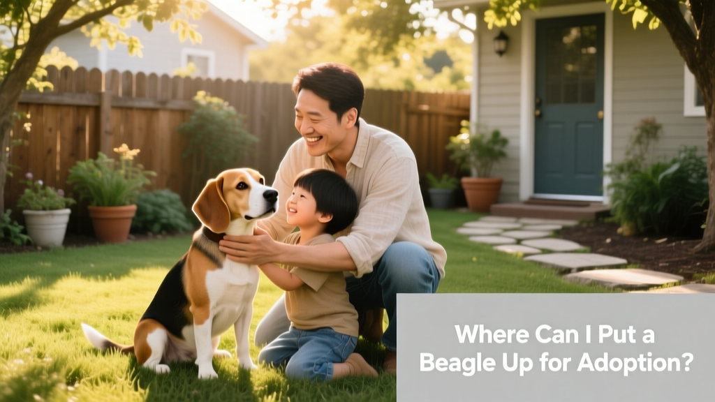 A friendly beagle sitting calmly beside a smiling adult and child in a sunlit backyard