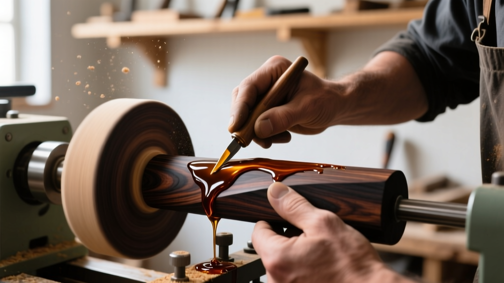 Close-up of a craftsman applying specialized penetrating epoxy resin to a dense, dark African Blackwood turning blank on a lathe