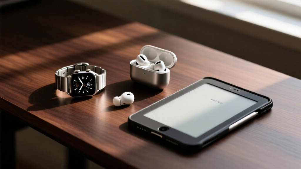 Flat lay of men s EDC electronics including titanium smartwatch, wireless earbuds, and e-ink tablet on a dark walnut desk with warm lighting