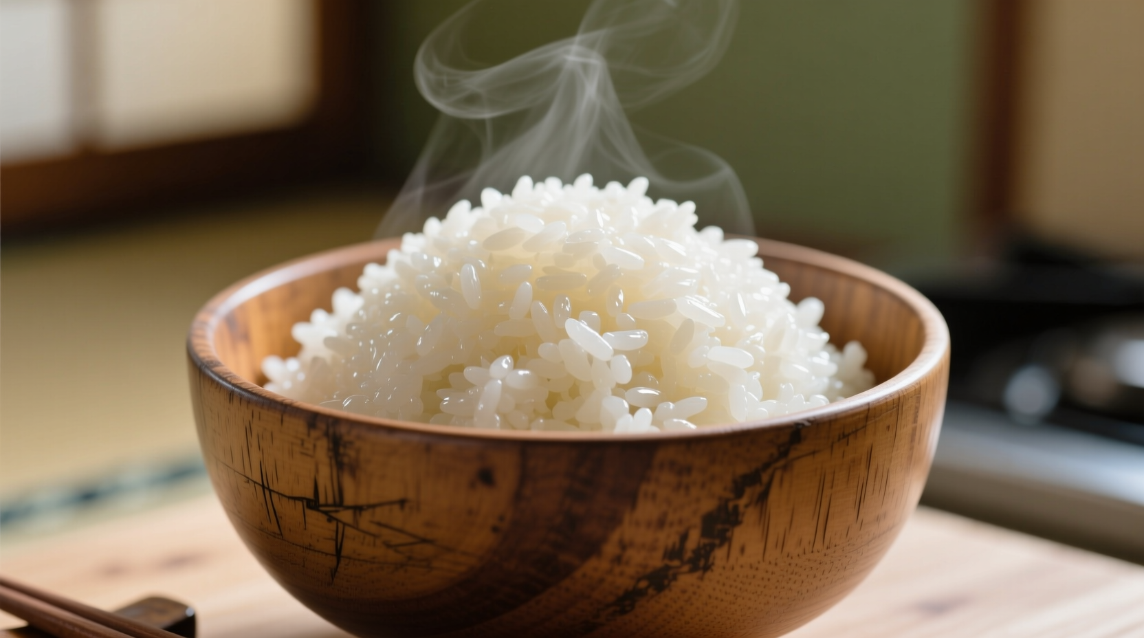 Perfectly cooked sushi rice in wooden bowl