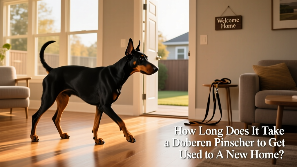 A calm Doberman Pinscher exploring a sunlit living room with gentle curiosity
